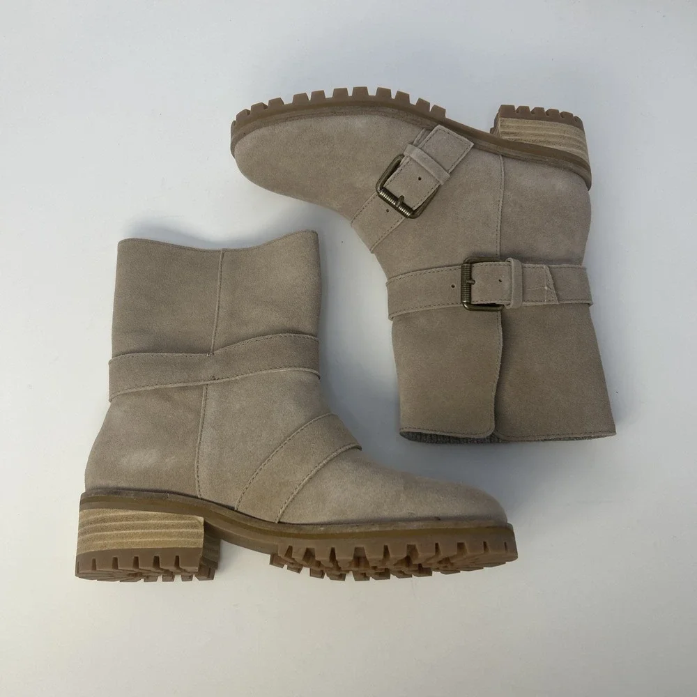 Splendid Karlyn Taupe Suede Ankle Booties Size 5 Double Buckle Moto NIB